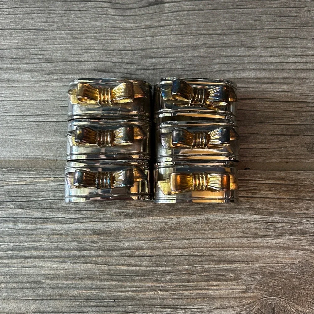 Set of 6 Silver Napkin Rings Gold Bow‎ Accent Table Setting Decor